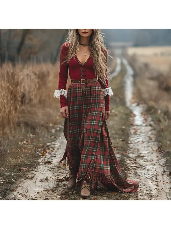 Women's Retro Plaid V-neck Long-sleeved Long Skirt Pastoral Style Dress - Cominbuy.com 