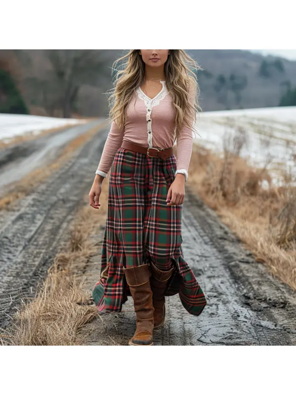 Women's Retro Plaid V-neck Long-sleeved Long Skirt Pastoral Style Dress - Cominbuy.com 