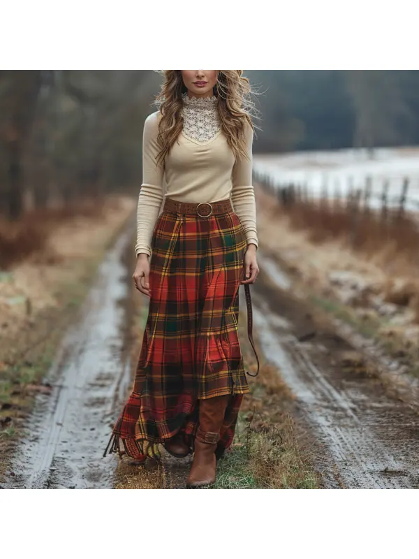 Women's Retro Plaid High Collar Long Sleeve Long Skirt Pastoral Style Dress - Realyiyi.com 