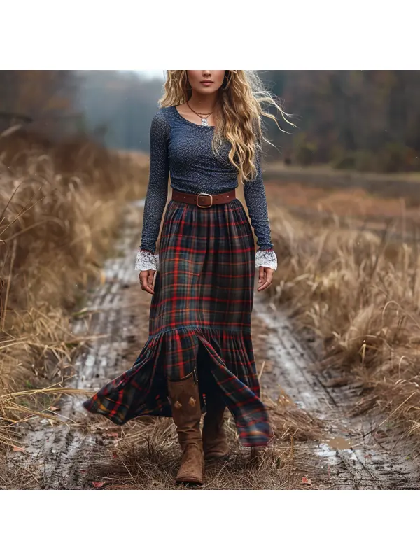 Women's Retro Plaid Long-sleeved Long Skirt Pastoral Style Dress - Anrider.com 