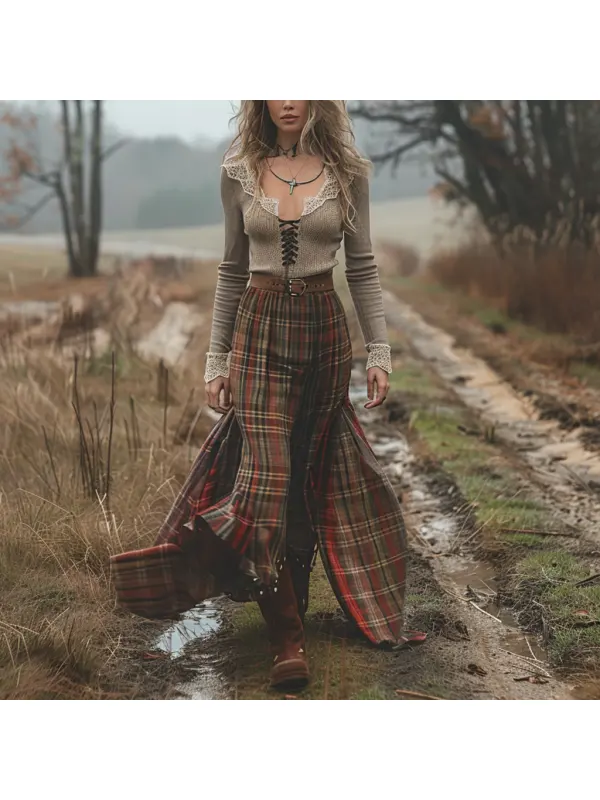 Women's Retro Plaid V-neck Long-sleeved Long Skirt Pastoral Style Dress - Geocici.com 