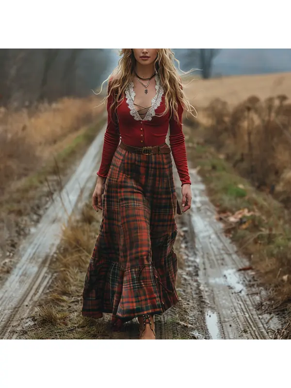 Women's Retro Plaid V-neck Long-sleeved Long Skirt Pastoral Style Dress - Realyiyishop.com 