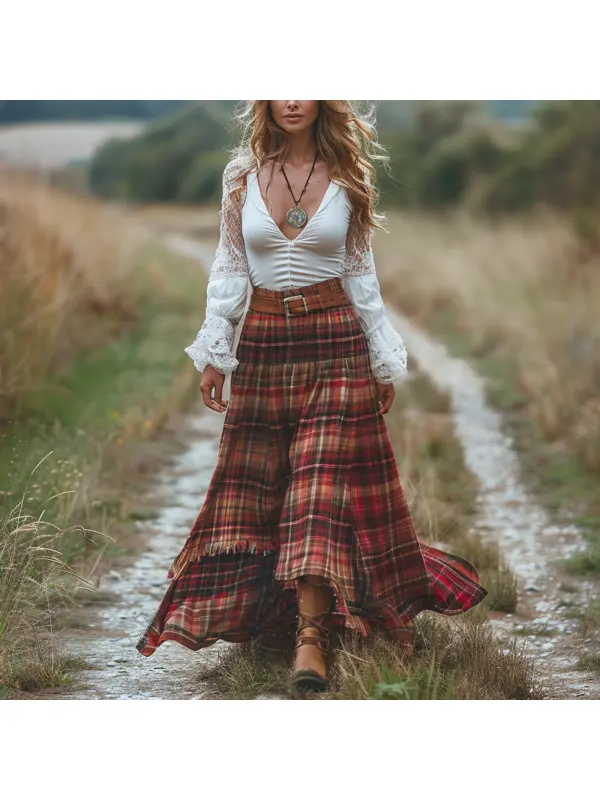 Women's Retro Plaid V-neck Long-sleeved Long Skirt Pastoral Style Dress - Geocici.com 