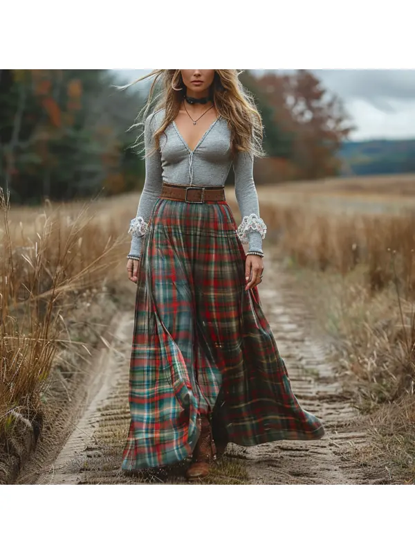 Women's Retro Plaid V-neck Long-sleeved Long Skirt Pastoral Style Dress - Viewbena.com 