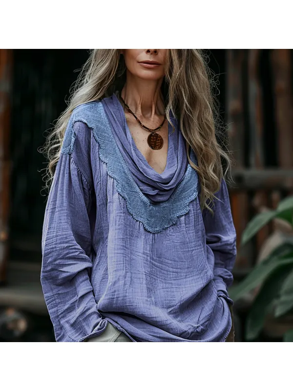 Women's Autumn & Winter Solid Color Simple Bohemian Lace Neck T-shirt - Realyiyi.com 