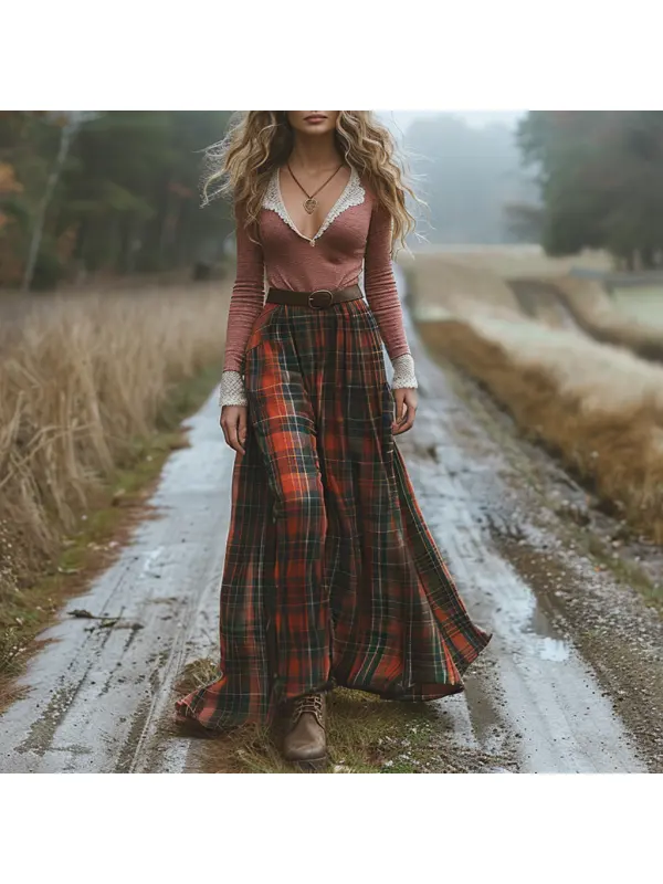 Women's Retro Plaid V-neck Long-sleeved Long Skirt Pastoral Style Dress - Machoup.com 