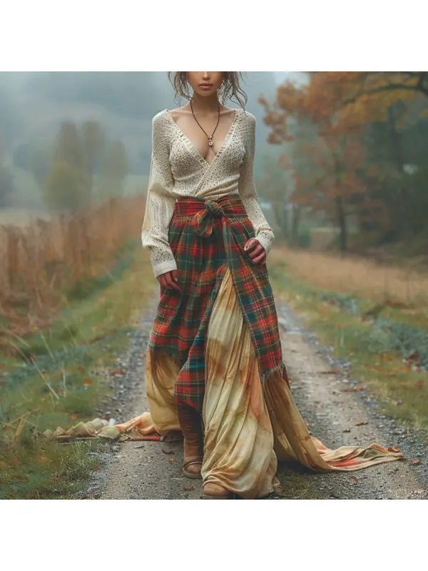 Women's Retro Plaid V-neck Long-sleeved Long Skirt Pastoral Style Dress - Realyiyishop.com 