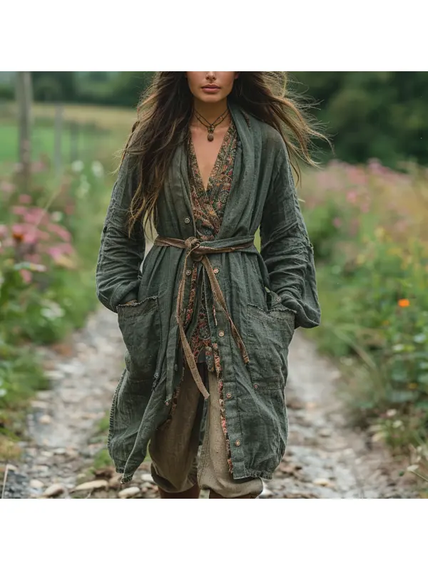 Retro Women's Autumn And Winter Coat Ethnic Style Linen Robe Cardigan - Realyiyishop.com 