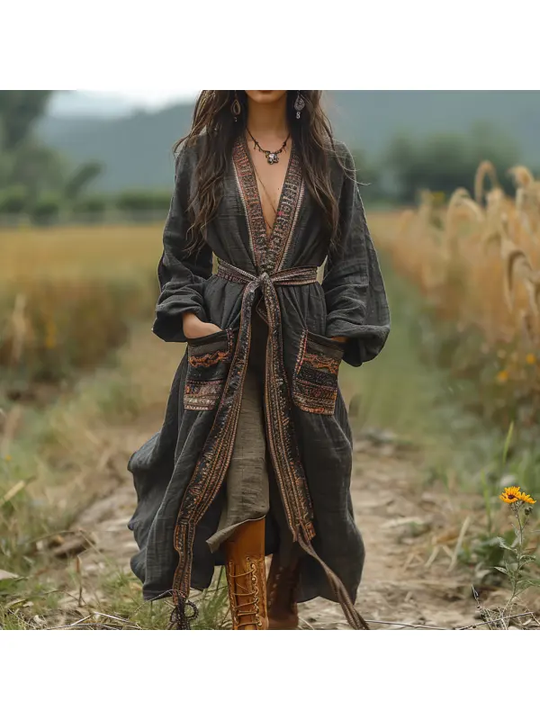 Retro Women's Autumn And Winter Coat Ethnic Style Linen Robe Cardigan - Cominbuy.com 