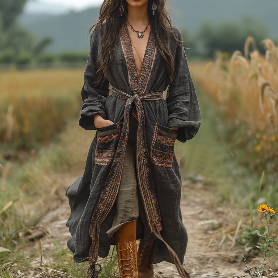 

Retro Women's Autumn And Winter Coat Ethnic Style Linen Robe Cardigan