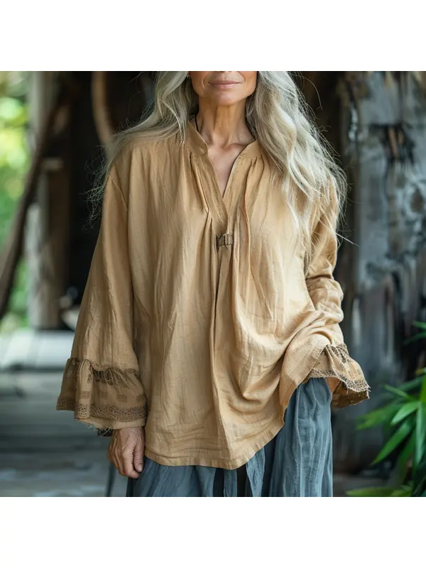 Linen Ladies Elegant Casual Simple Loose Comfortable V Neck Long Sleeve Shirt Pullover T-Shirt - Realyiyi.com 