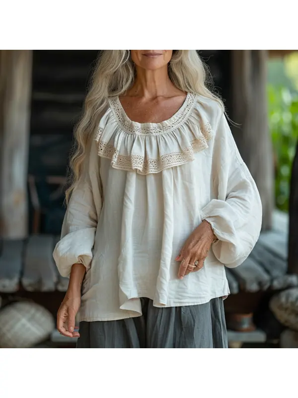 Linen Ladies Elegant Casual Simple Loose Comfortable Ruffled Round Neck Long Sleeve Shirt Pullover T-Shirt - Anrider.com 