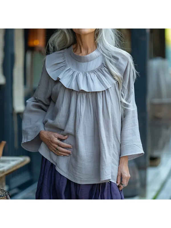 Linen Ladies Elegant Simple Premium Comfortable Casual Double Layer Ruffled Round Neck Long Sleeve Shirt Pullover T-Shir - Anrider.com 