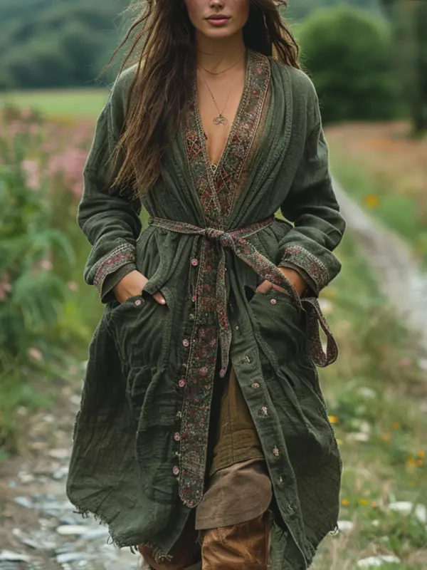 Retro Women's Autumn And Winter Coat Ethnic Style Linen Robe Cardigan - Sunshinenice.com 