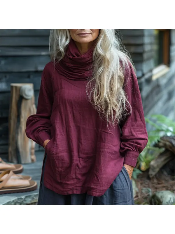 Linen Simple Comfortable Casual Pile Collar High Collar Long Sleeve Shirt Pullover T-shirt - Viewbena.com 