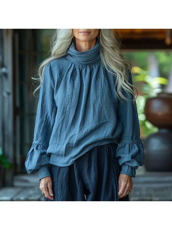 Linen Simple Comfortable Casual Pile Collar High Collar Long Sleeve Shirt Pullover T-shirt - Viewbena.com 