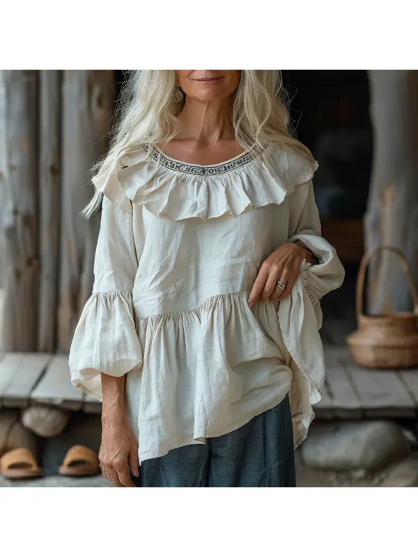 Linen Ladies Elegant Casual Simple Loose Comfortable Round Neck Ruffled Long Sleeve Shirt Pullover T-Shirt - Realyiyishop.com 