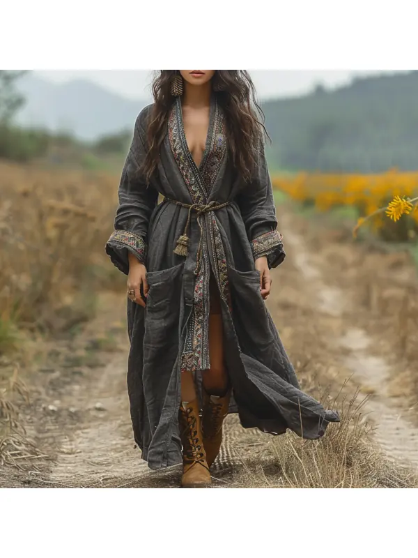 Retro Women's Autumn And Winter Coat Ethnic Style Linen Robe Cardigan - Cominbuy.com 