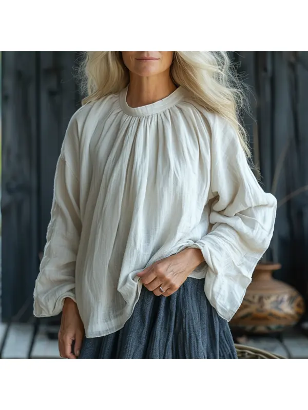 Linen Ladies Elegant Casual Simple Loose Comfortable Stand Collar Long Sleeve Shirt Pullover T-Shirt - Anrider.com 