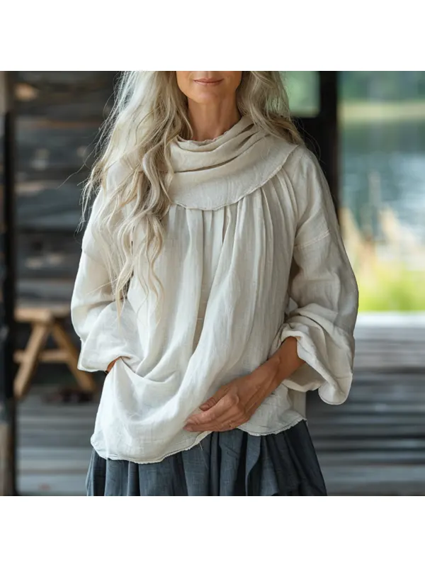 Linen Ladies Elegant Casual Simple Loose Excellent Comfort Pile Collar Long Sleeve Shirt Pullover T-Shirt - Viewbena.com 