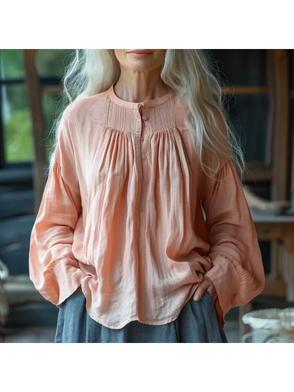 Linen Ladies Elegant Casual Simple Loose Comfortable Round Neck Long Sleeve Shirt Pullover T-Shirt - Timetomy.com 