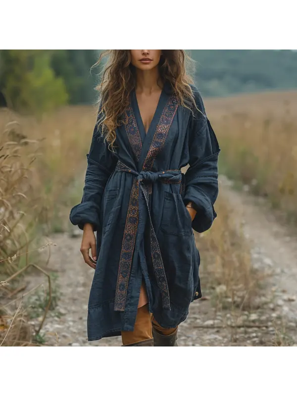 Retro Women's Autumn And Winter Coat Ethnic Style Linen Robe Cardigan - Realyiyi.com 