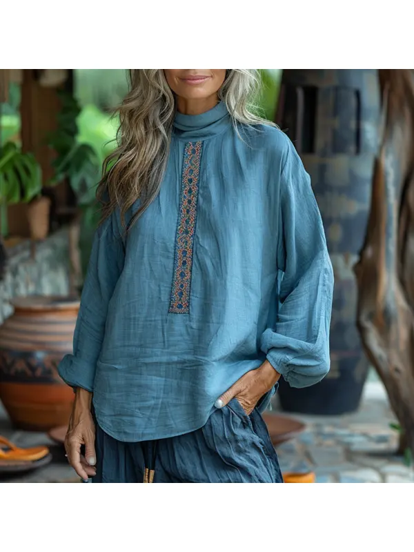 Linen Ladies Elegant Casual Simple Loose Excellent Comfort Pile Collar Long Sleeve Shirt Pullover T-Shirt - Timetomy.com 