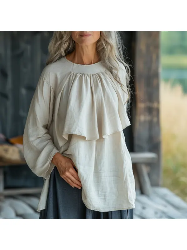 Linen Ladies Elegant Casual Simple Loose Comfortable Round Neck Ruffled Fake Two Piece Long Sleeve Shirt Pullover T-Shir - Cominbuy.com 