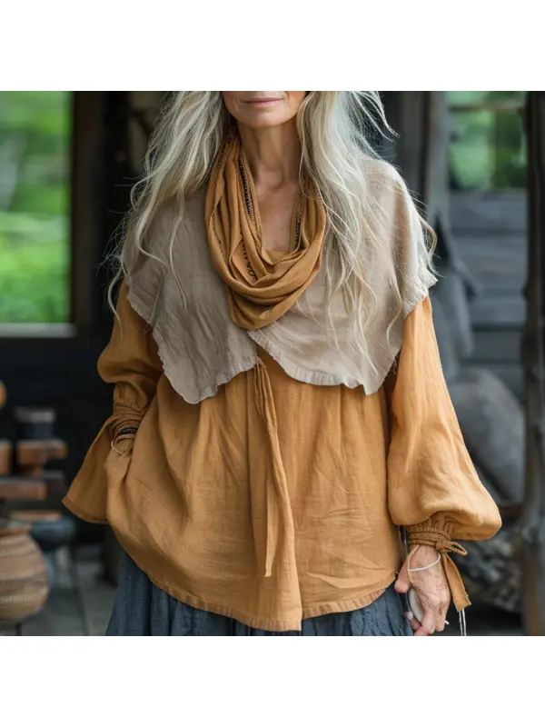 Linen Ladies Elegant Casual Simple Loose Excellent Comfort Contrast Color Pile Fake Two Piece Long Sleeve Shirt Pullove - Viewbena.com 