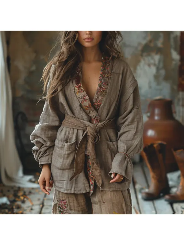 Retro Women's Autumn And Winter Coat Ethnic Style Linen Robe Cardigan - Realyiyi.com 