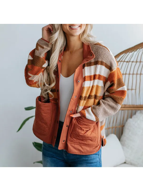 Color Block Warm Long Sleeve Loose Casual Style Pocket Jacket - Realyiyishop.com 