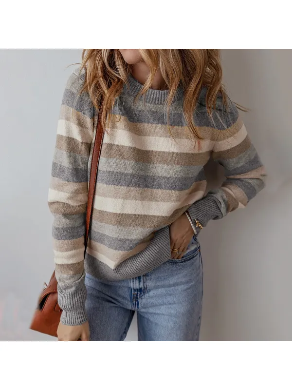 Women's Round Neck Long Sleeve Knitted Sweater - Miabrave.com 