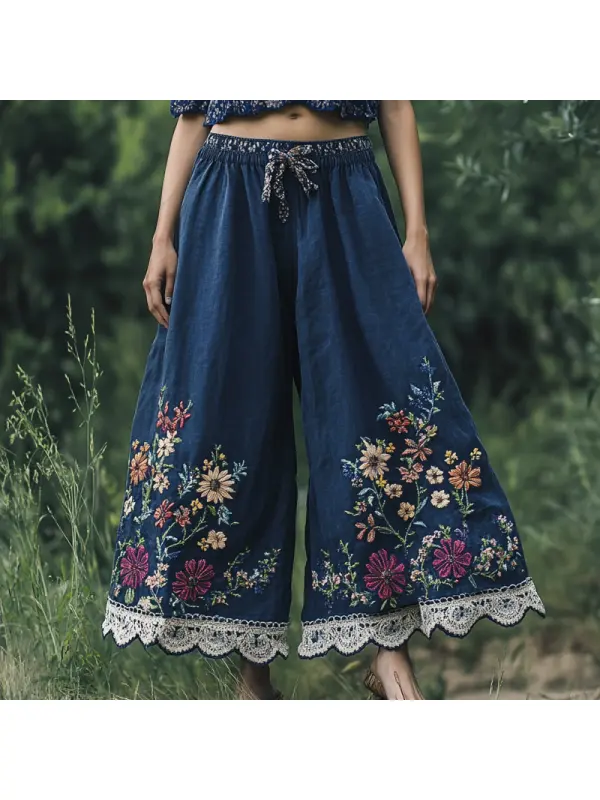 Women's Rustic Boho Vacation Print Linen Dark Blue Lace Stitching Ninth Wide Leg Pants - Viewbena.com 