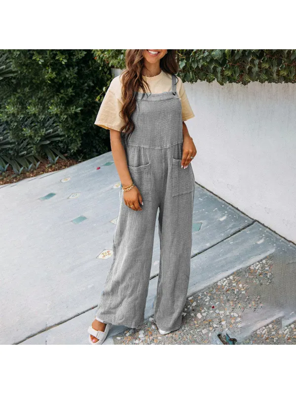 Women's Casual Solid Color Pocket Square Neck Loose Overalls - Realyiyishop.com 