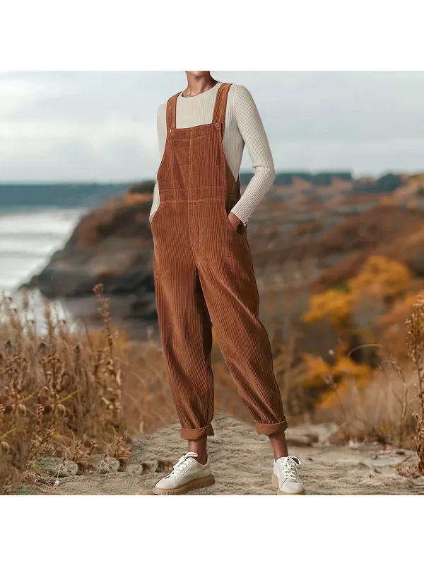 Solid Color Corduroy Casual Pocket Overalls - Realyiyi.com 