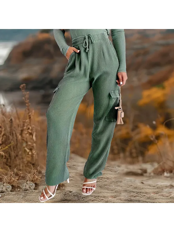 Women's Loose Elastic Waist Corduroy Legged Casual Trousers - Realyiyi.com 