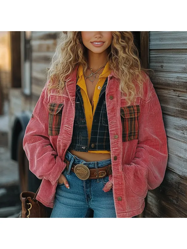 Vintage Western Cowgirl Corduroy Lapel Jacket - Realyiyi.com 