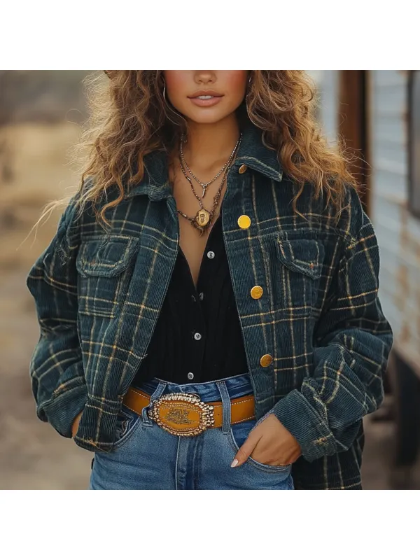 Vintage Western Cowgirl Corduroy Lapel Jacket - Realyiyi.com 