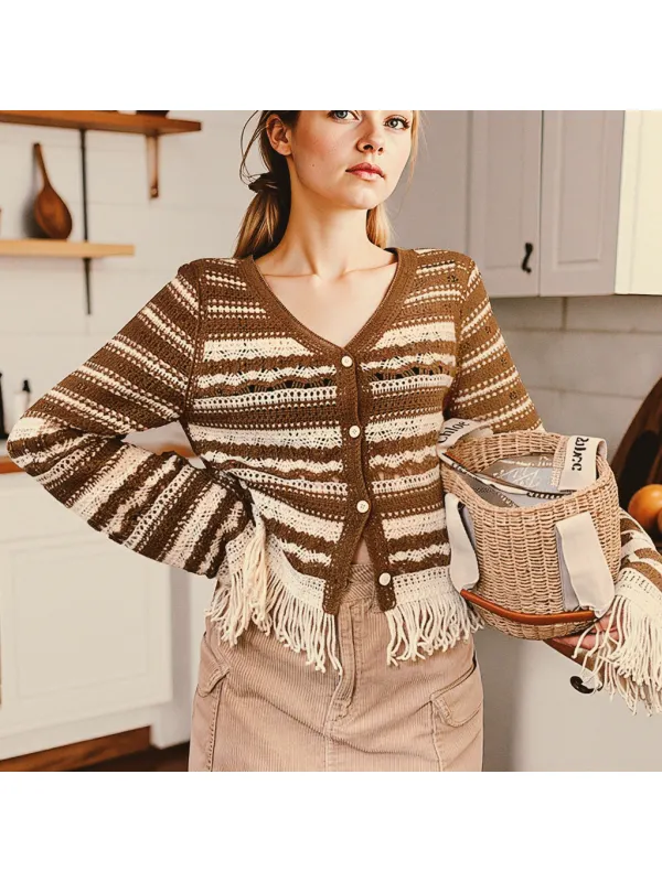 Spliced ​​tassel Knitted Cardigan For Women, Autumn Contrast Stripes, Slimming, Hollow Short Long Sleeve Tops - Realyiyi.com 