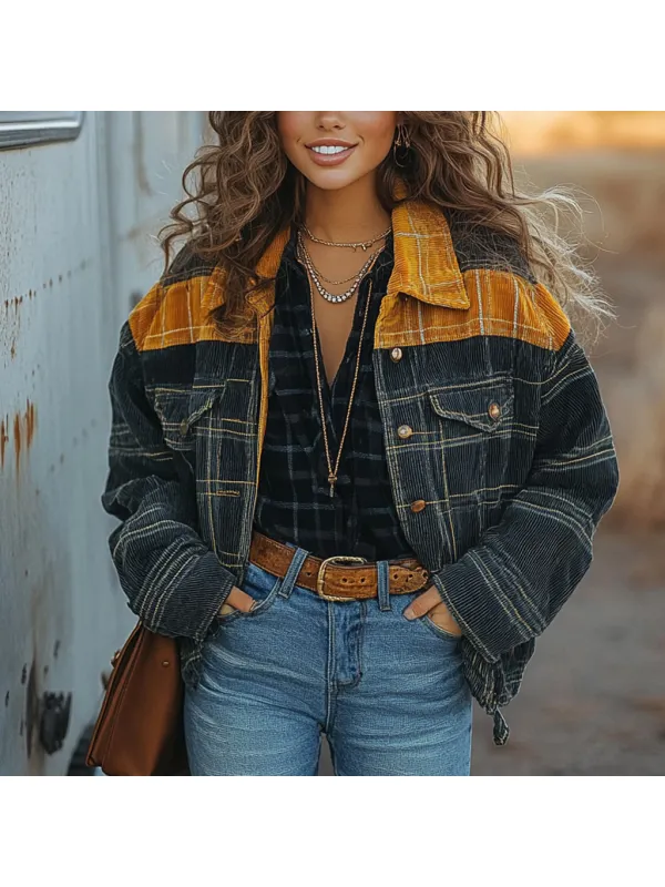 Vintage Western Cowgirl Corduroy Lapel Jacket - Realyiyi.com 