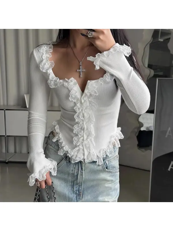 French Lace Lace T-shirt Women's Short Bottoming Shirt Tight Long-sleeved Top - Cominbuy.com 