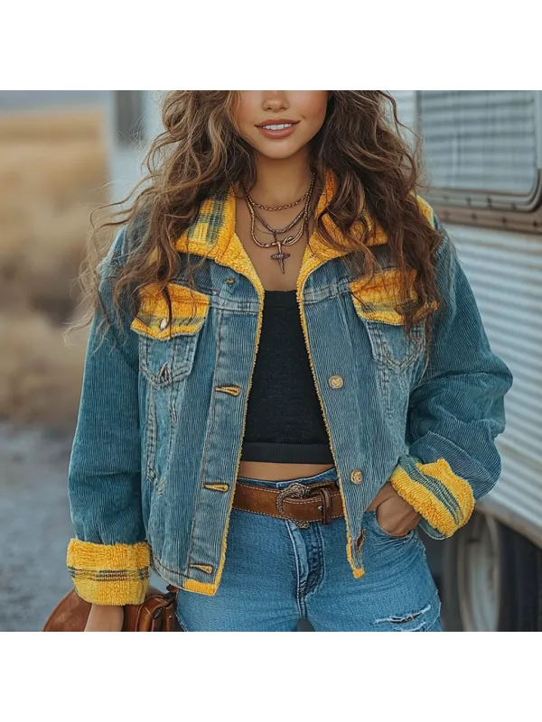 Vintage Western Cowgirl Corduroy Lapel Jacket - Realyiyi.com 