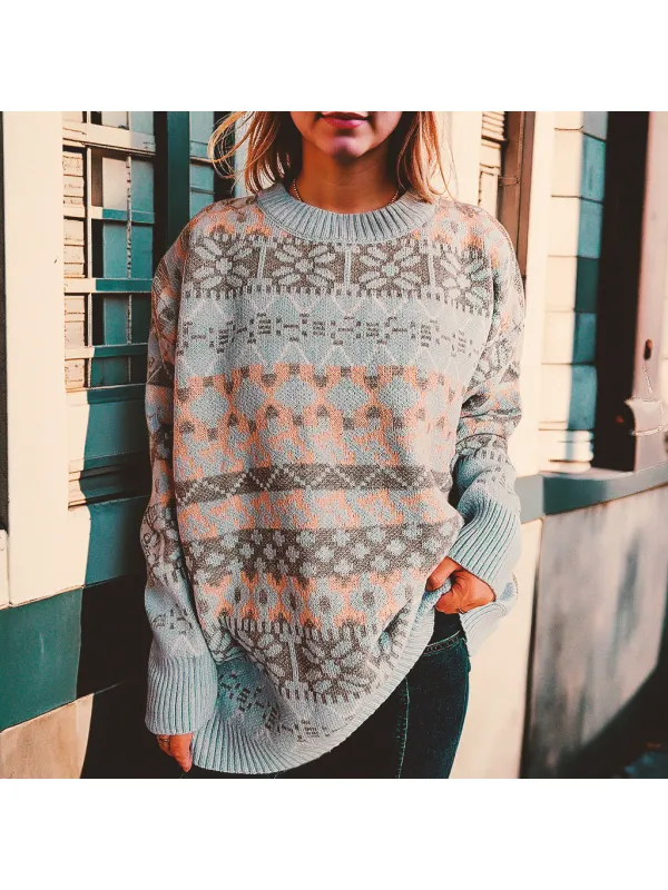 Autumn And Winter Oversized And Long Knitted Pullover Retro Jacquard Long Sweater For Women - Realyiyi.com 