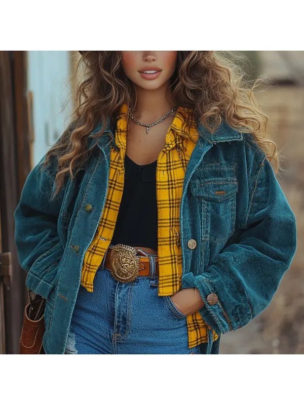 Vintage Western Cowgirl Corduroy Lapel Jacket - Realyiyi.com 