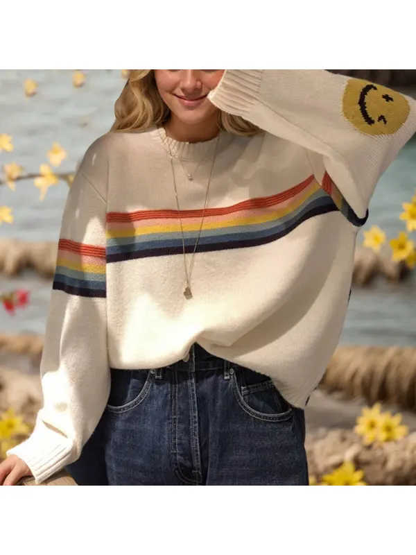 Vintage Striped Crew Neck Sweater - Cominbuy.com 