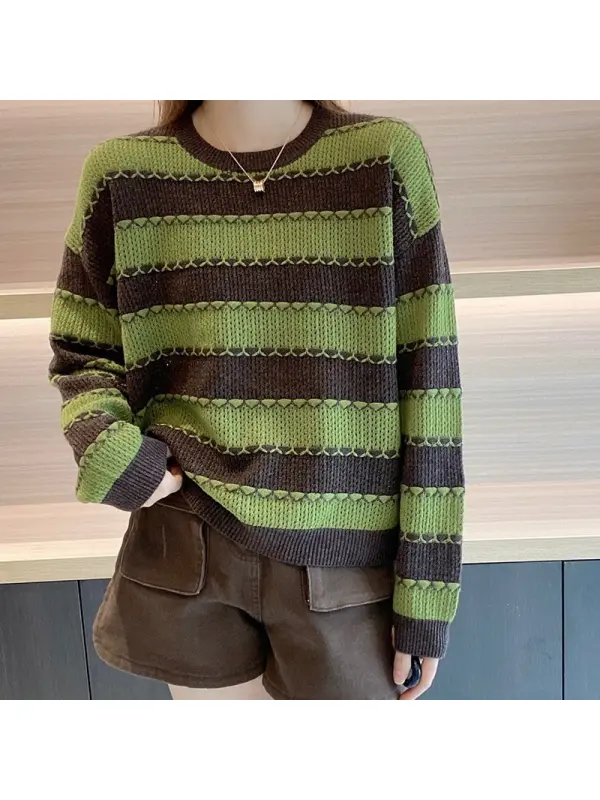 New Autumn And Winter Round Neck Bright Stitch Color Matching Sweater Loose Striped Retro Versatile Knitted Sweater - Viewbena.com 