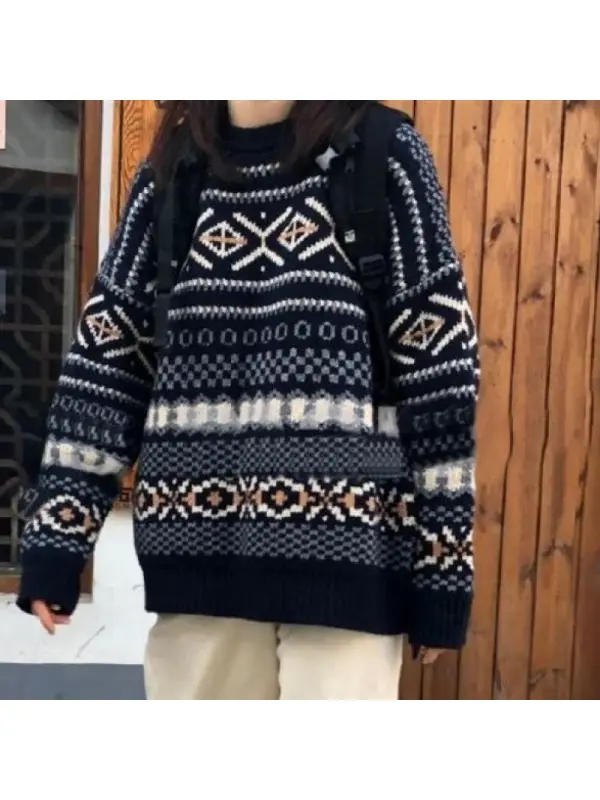 Women's Winter Sweater Outer Wear New Retro Jacquard Ethnic Style Round Neck Knitted Sweater - Viewbena.com 