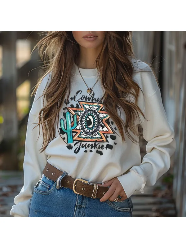 Retro Ethnic Print Crew Neck Sweatshirt - Cominbuy.com 