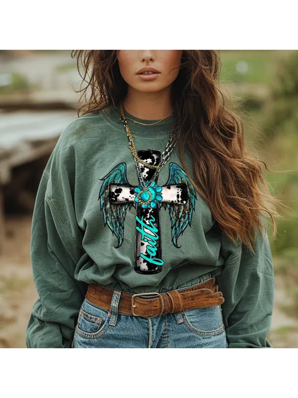 Ethnic Retro Cross Print Crew Neck Sweatshirt - Cominbuy.com 