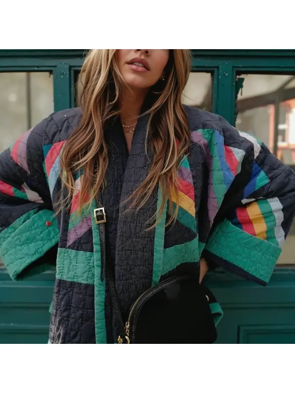 Women's Colorful Patchwork Cotton Coat - Geocici.com 